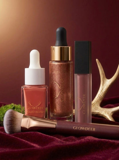 GlowDeer Full Face Edit: Liquid Blush, Face & Body Illuminating, Lip Gloss and Liquid Brush on burgundy velvet