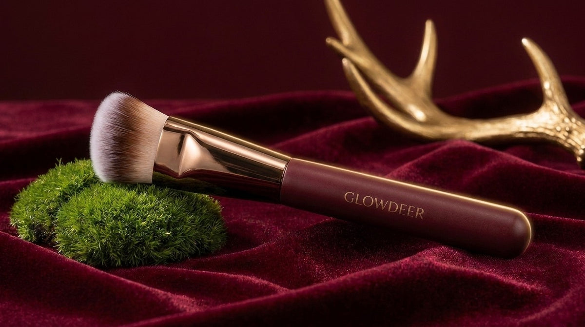GlowDeer Liquid Brush on burgundy velvet with moss and a gold antler