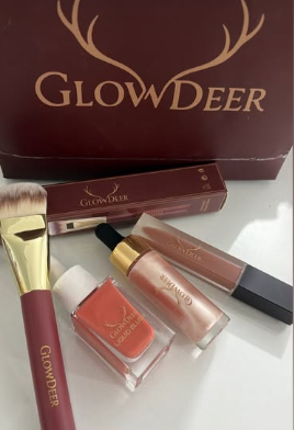 A GlowDeer order: brush, blush, illuminator and lip gloss